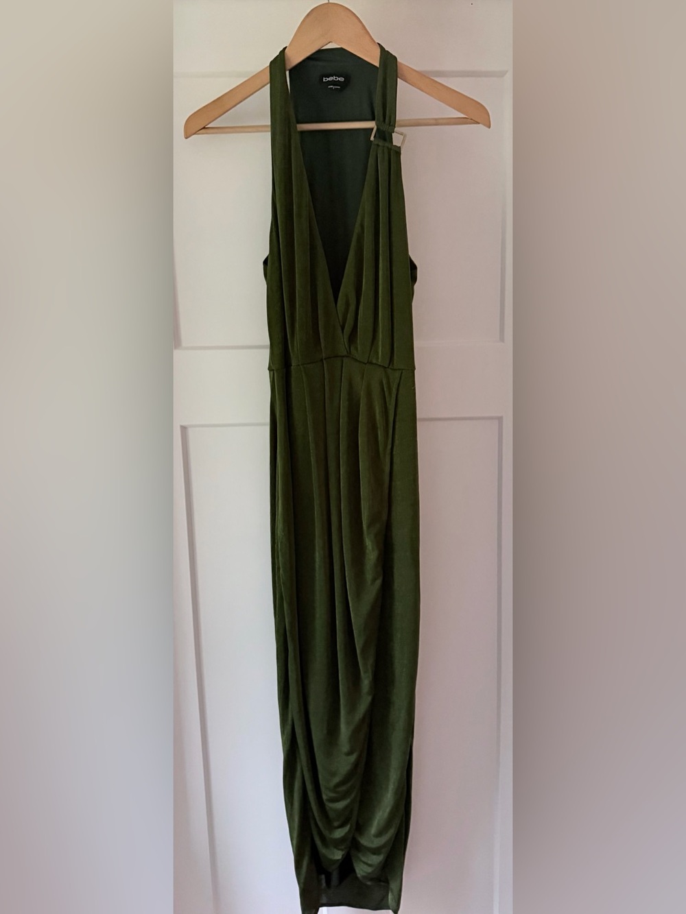 NWT Bebe Asymmetrical Halter Neck Slinky Dress Green S